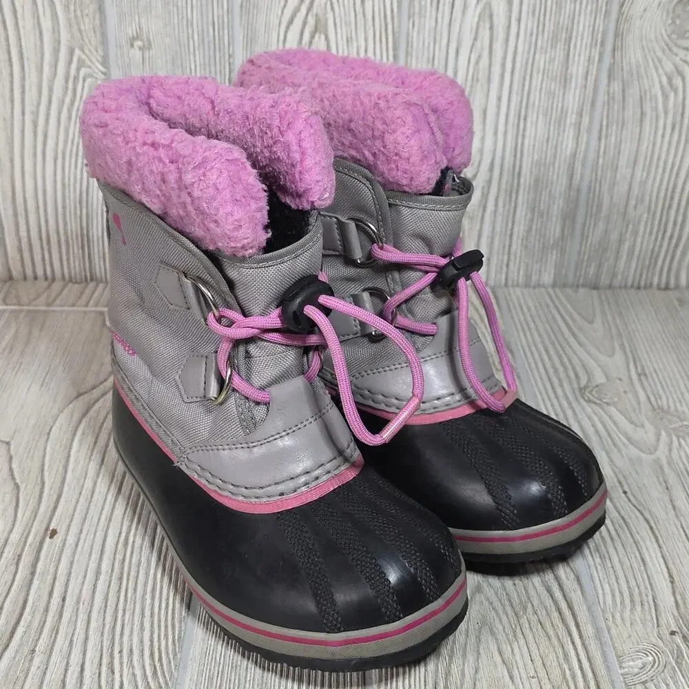 Sorel Yoot Pac Nylon Chrome Grey and Orchid Waterproof Winter Boots Kids Size 13